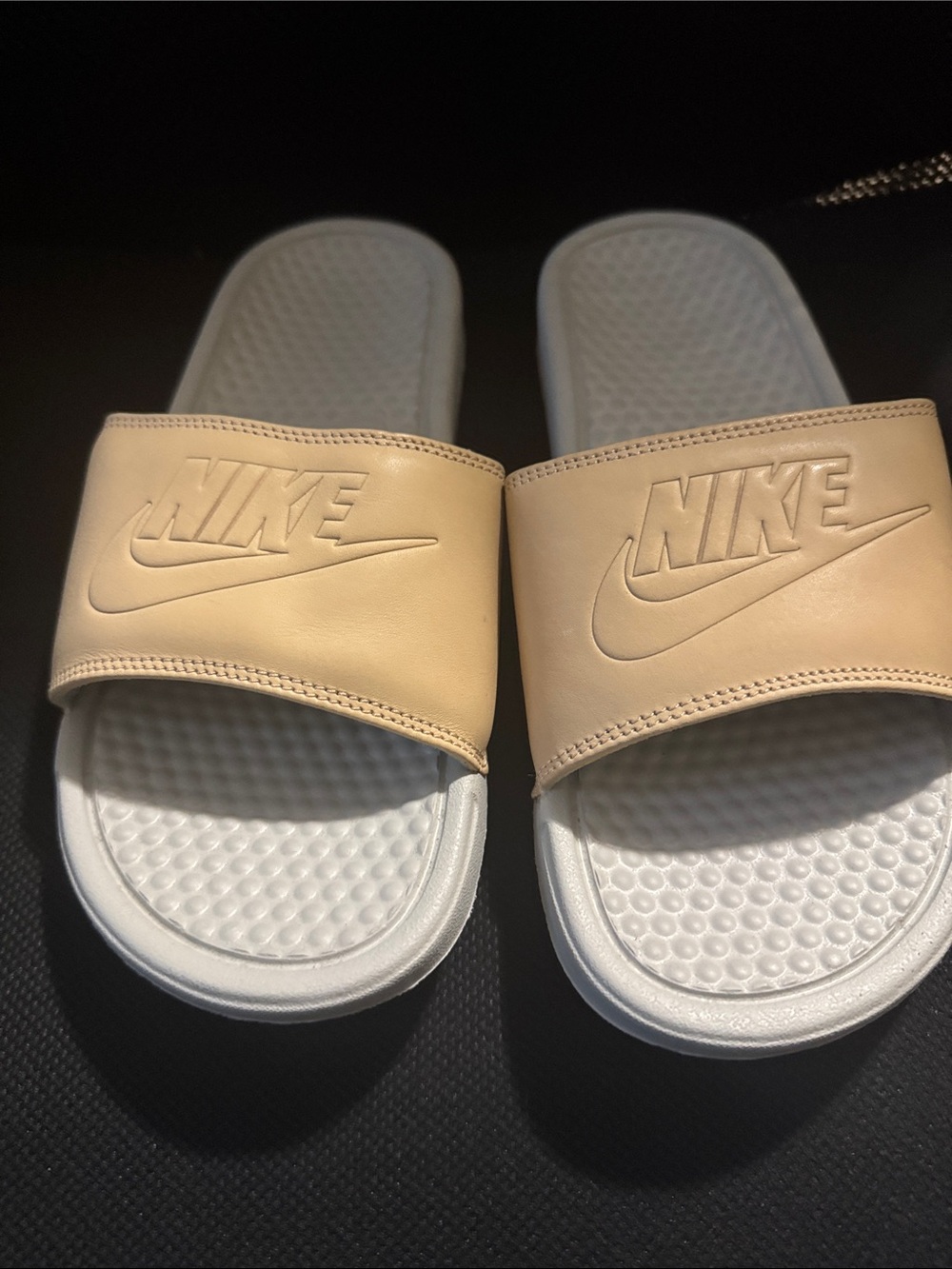 Nike Women’s Tan Strap Slide Sandals with White Footbed